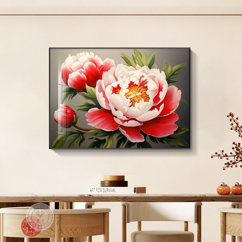花开富贵餐厅装饰画客厅新中式牡丹花壁画横版饭厅餐桌背景墙挂画