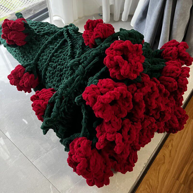 毛线花朵冰条线玫瑰花束毛毯钩织手工编织diy毯子花束毛毯材料包