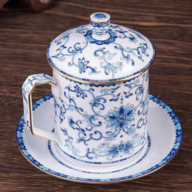 景德镇青花珐琅彩带茶托盖子办公杯轻奢文创泡茶陶瓷水杯商务礼品