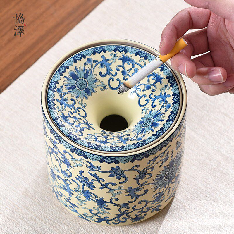 烟灰缸高端大气上档次大号青花瓷水盂汝窑陶瓷茶渣缸复古高级感