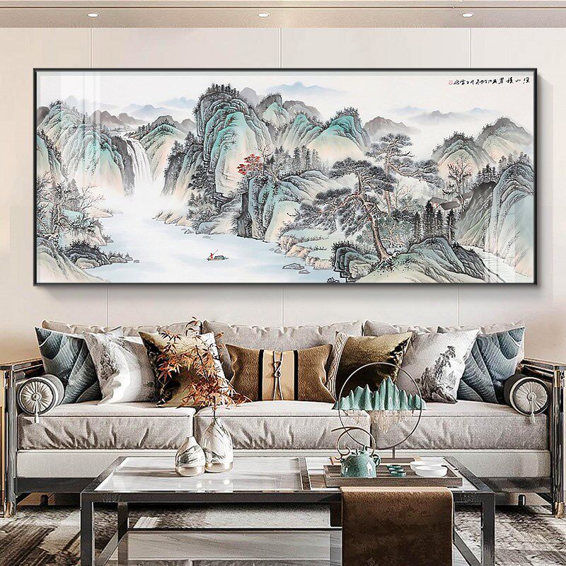 富春山居图客厅挂画流水生财沙发背景墙装饰画聚财旺财大尺寸国画