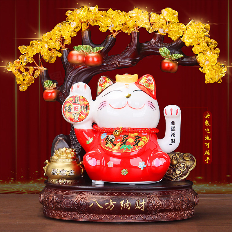 水晶发财树摇手招财猫摆件开业贺礼店铺收银台客厅装饰品自动招手