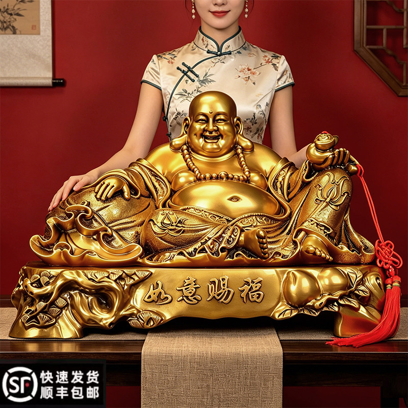 古铜色笑口大肚弥勒佛摆件招财如意钱袋客厅酒柜公司乔迁开业礼品