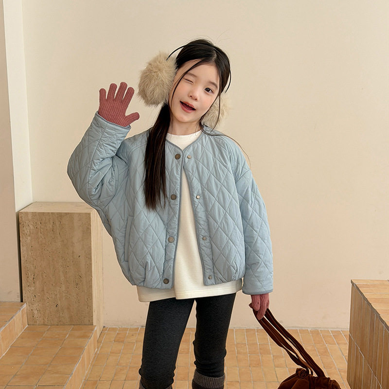女童菱格绗缝杜邦棉外套秋冬圆领加绒棉衣中大童韩系宽松保暖棉服