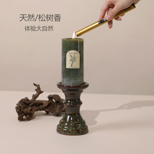 香薰蜡烛绿色杜松木烛台熏香睡眠持久除味小众高级摆件高大陶瓷装
