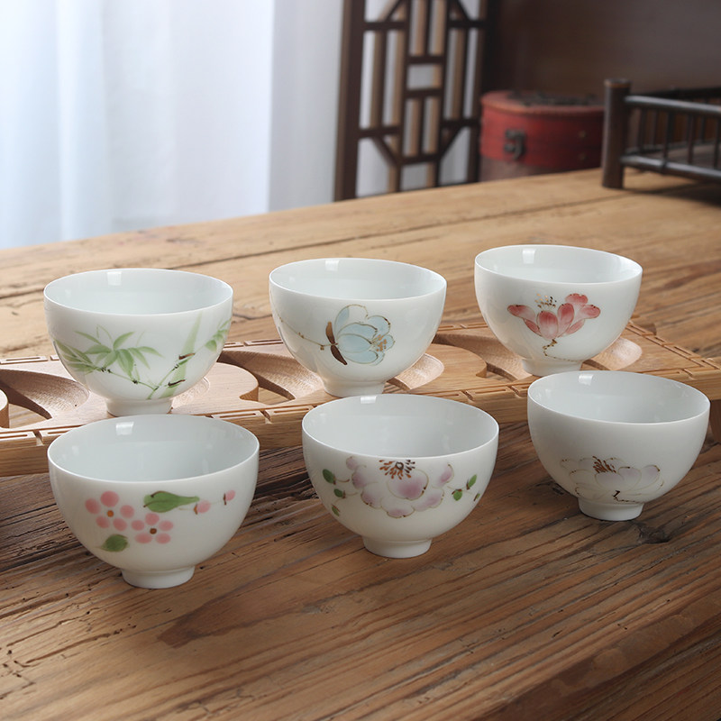 手绘茶杯中国风品茗杯德化白瓷薄胎青花瓷功夫茶具茶盏喝茶陶瓷杯