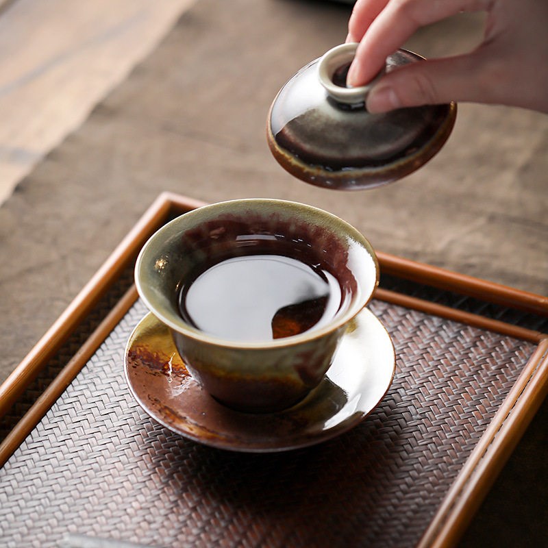 景德镇柴烧陶土盖碗陶瓷茶杯三才泡茶碗单个不烫手功夫茶具手抓碗