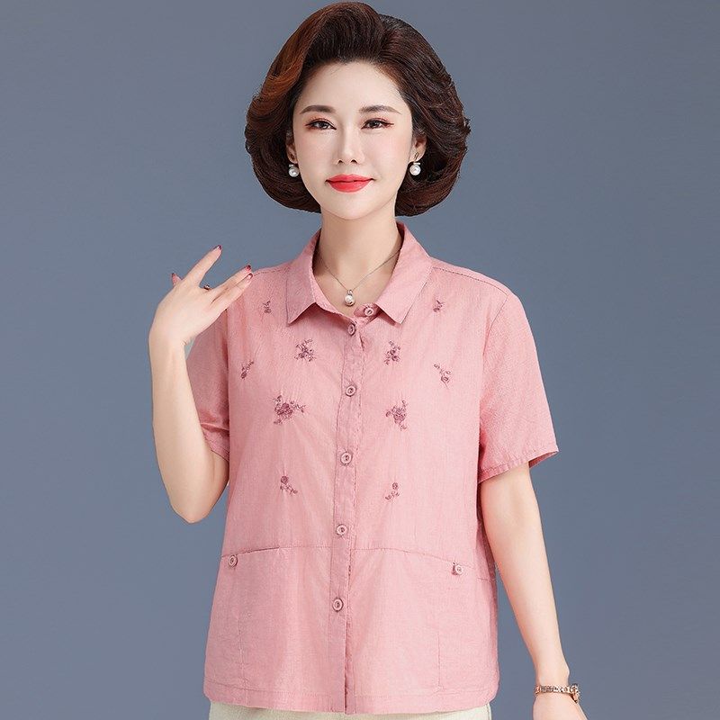 妈妈衬衫格子纯棉短袖奶奶洋气夏装上衣老人衣服中老年女开衫衬衣