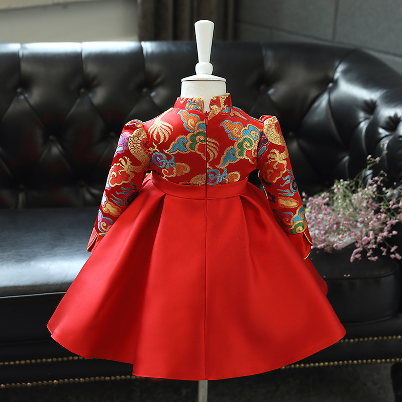 儿童唐装汉服旗袍女童红色喜庆中国风连衣裙宝宝1周岁生日礼服新