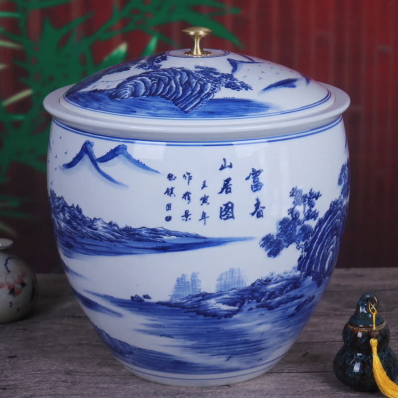 景德镇陶瓷米缸青花手绘山水米桶纯净水缸油缸带盖密封厨房储物罐