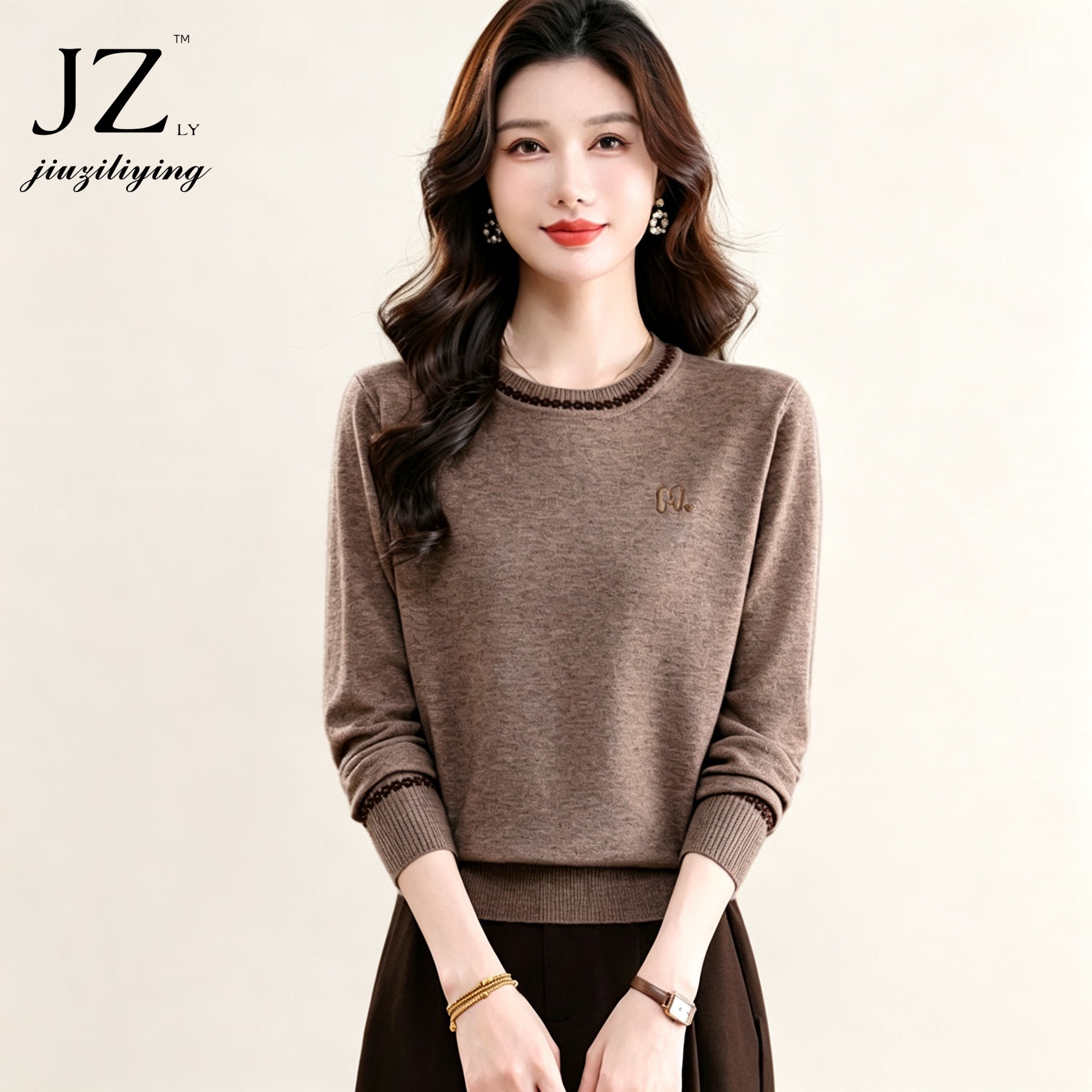 玖姿丽颖羊毛薄款圆领打底针织衫