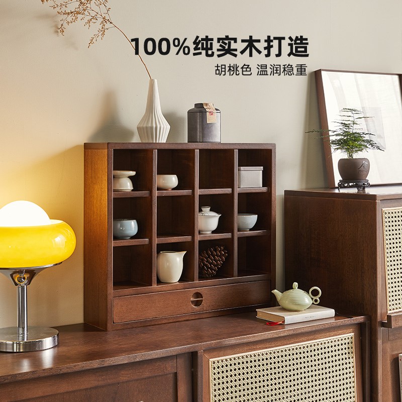实木桌上置物架简易客厅桌面杯架手办收纳靠墙家用茶具格子展示柜