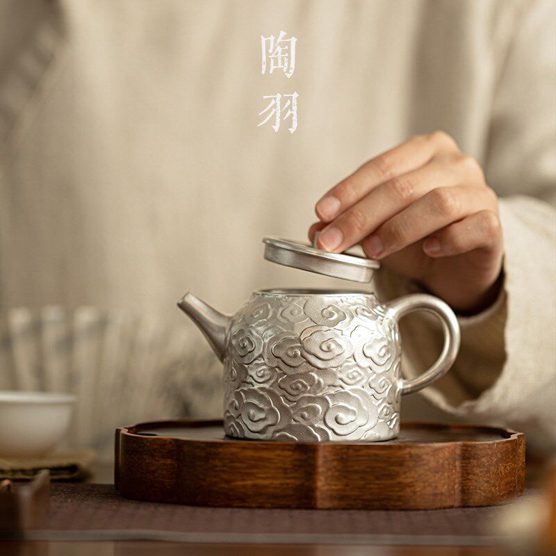 何赋森鎏银祥云茶壶养生泡茶壶高档功夫茶具瓷鎏银大号泡茶器送礼