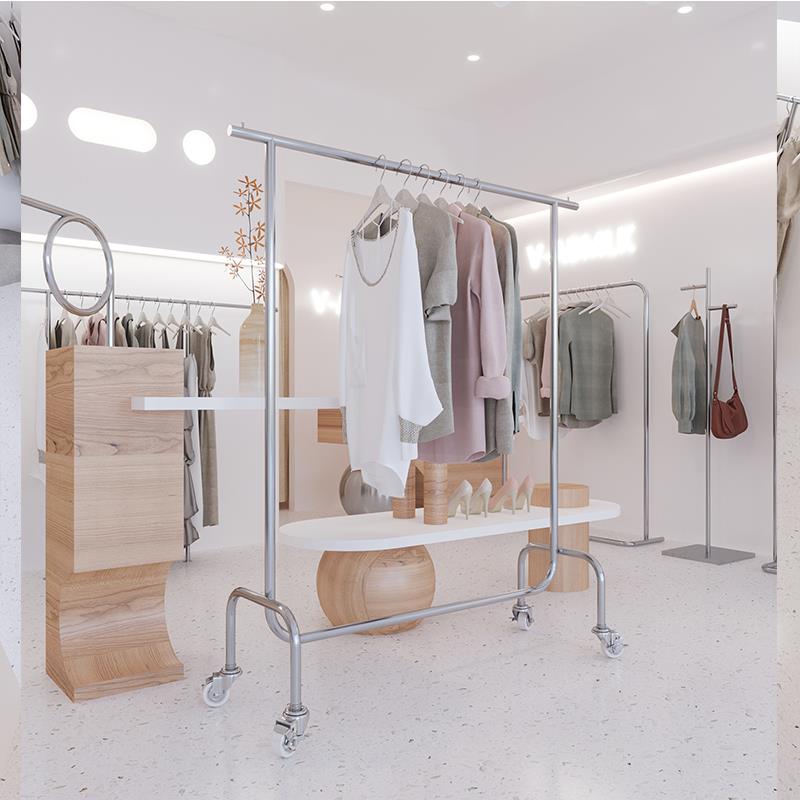 服装店展示架不锈钢落地挂衣架银色女装店货架拉丝银侧挂衣服架子