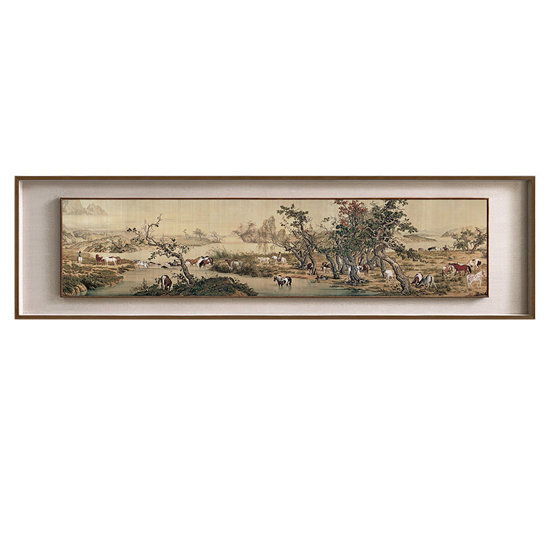 百骏图 新中式客厅装饰画沙发背景墙壁画茶室办公室实木双框挂画