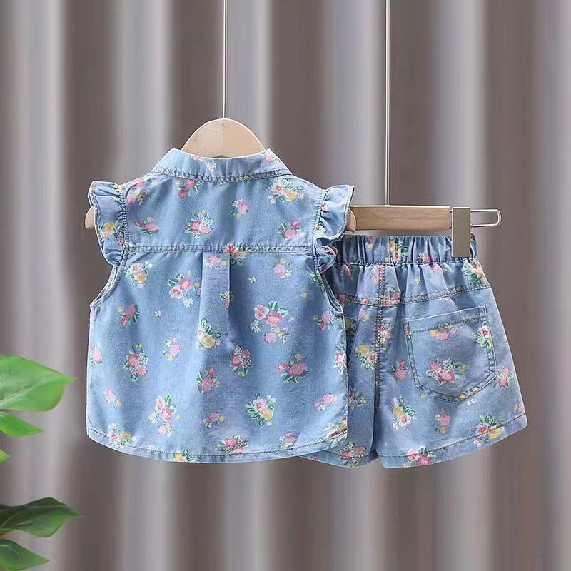 女童夏季碎花牛仔套装2025新款洋气网红短裤薄女宝宝儿童两件套潮