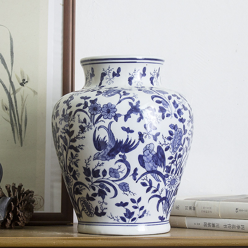 中式青花陶瓷花瓶青花瓷插花瓷瓶景德镇古典大肚子瓷罐客厅摆件