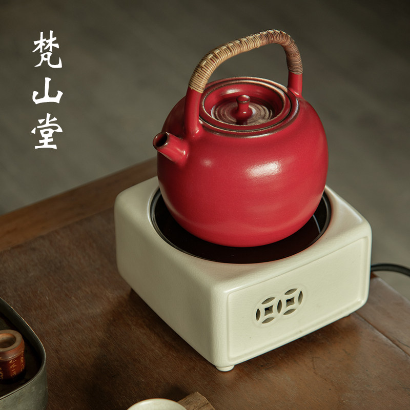 梵山堂陶壶苏打釉老岩泥烧水煮茶壶电陶炉山楂红纯手工开片煮茶器