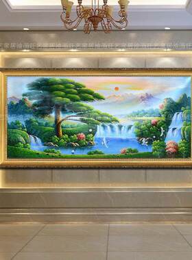 手绘仙鹤迎客松风景客厅酒店别墅办公室餐厅沙发背景书房家居挂画