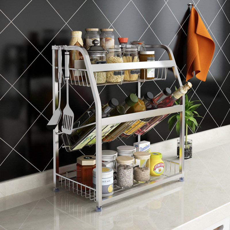 304不锈钢调味架调料架碗碟架三四层厨房置物架可斜放储物架