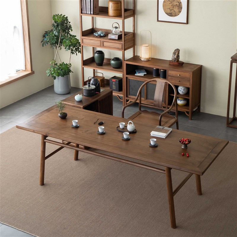 杪轩新中式茶桌组合黑胡桃原木茶台茶几简约禅意长方形实木泡茶桌