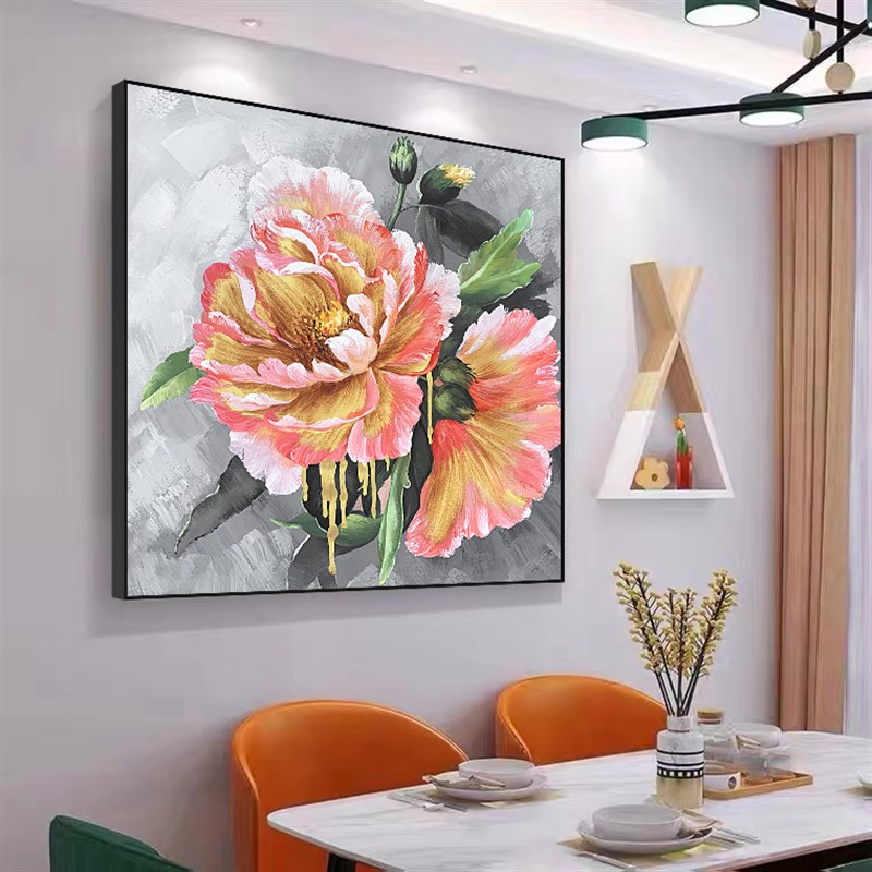 手绘牡丹入户门对着的墙画餐桌装饰画入户正对门画睡房挂画轻奢风