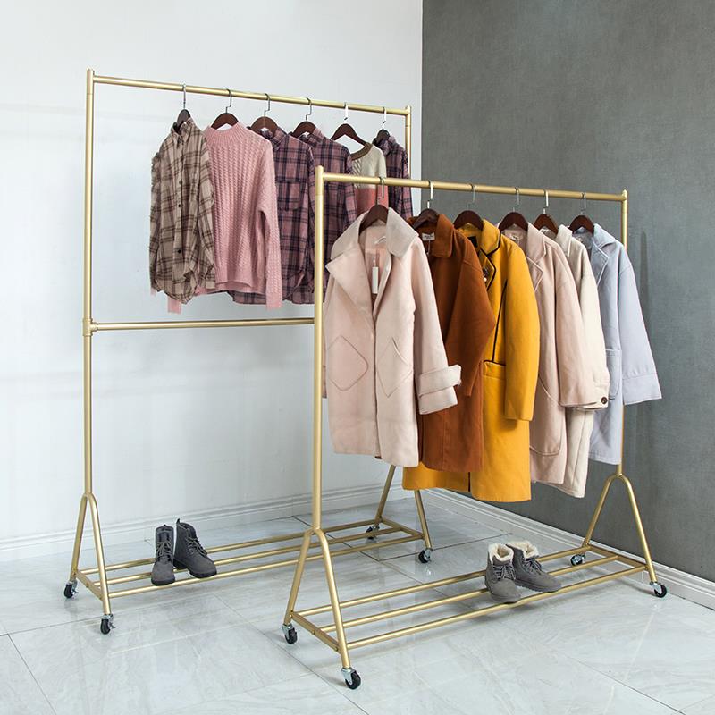服装店展示架落地专用挂衣架摆摊金色单杆龙门童装饰货架移动轮子