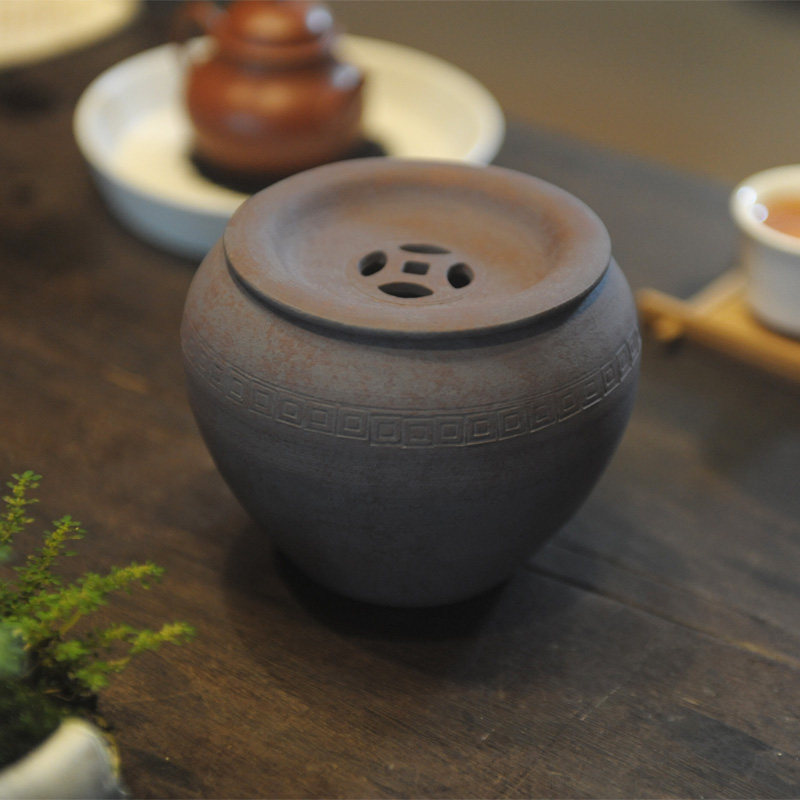 信堂粗陶建水茶渣缸带盖茶洗日式侘寂风干泡水盂茶具茶道家用渣斗