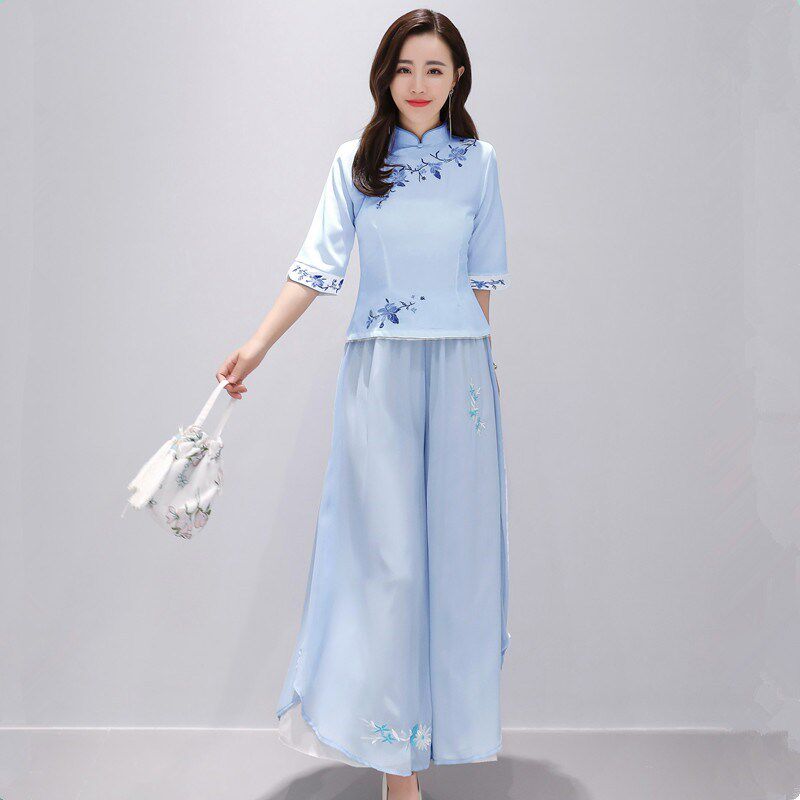 新中式裙裤套装2025新款夏季雪纺汉服女改良版旗袍连衣裙两件套