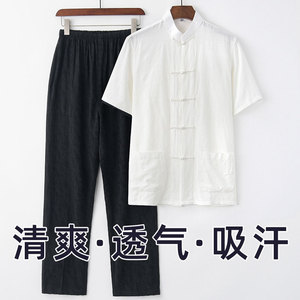 夏季唐装男中老年中国风男装爸爸棉绸短袖提花两件套爷爷夏装套装