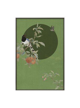 新中式花鸟装饰画墨绿色古典挂画样板房入户玄关大尺寸背景墙壁画