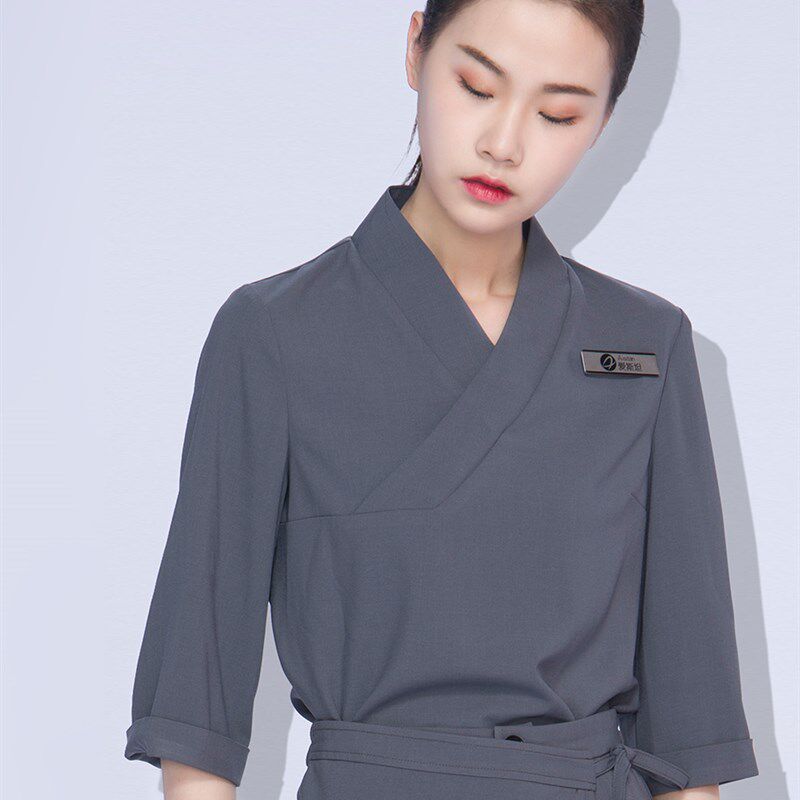 2021中式餐厅饮服务员工作服茶楼馆饭店美容院师套装修身显瘦弹力