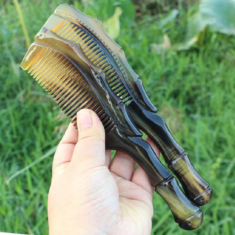 天然老牦牛角黑花牛角梳子密齿雕花梳防静电护发养发长20厘米