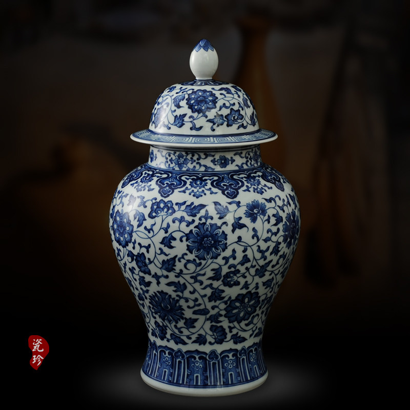 中号青花瓷器景德镇陶瓷花瓶客厅仿古将军罐盖罐瓷器中式花器摆件