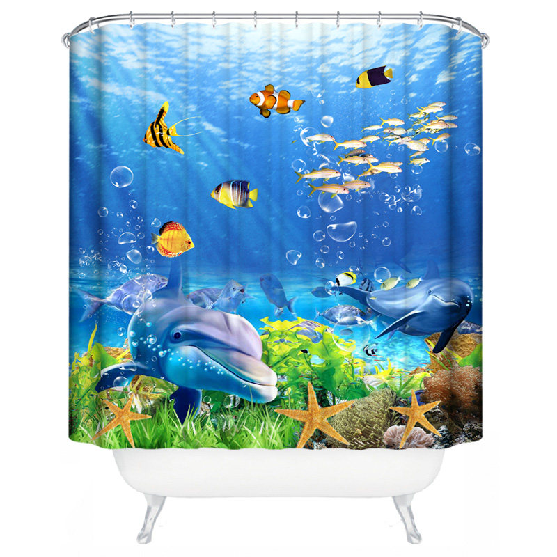 卡通海洋鱼浴帘卧室隔断帘加厚防水防霉布浴室挂帘门帘海豚窗帘