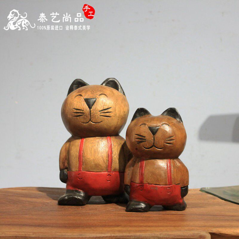 泰国实木雕小猫可爱微笑猫咪书架客厅办公室摆件结婚创意生日礼物