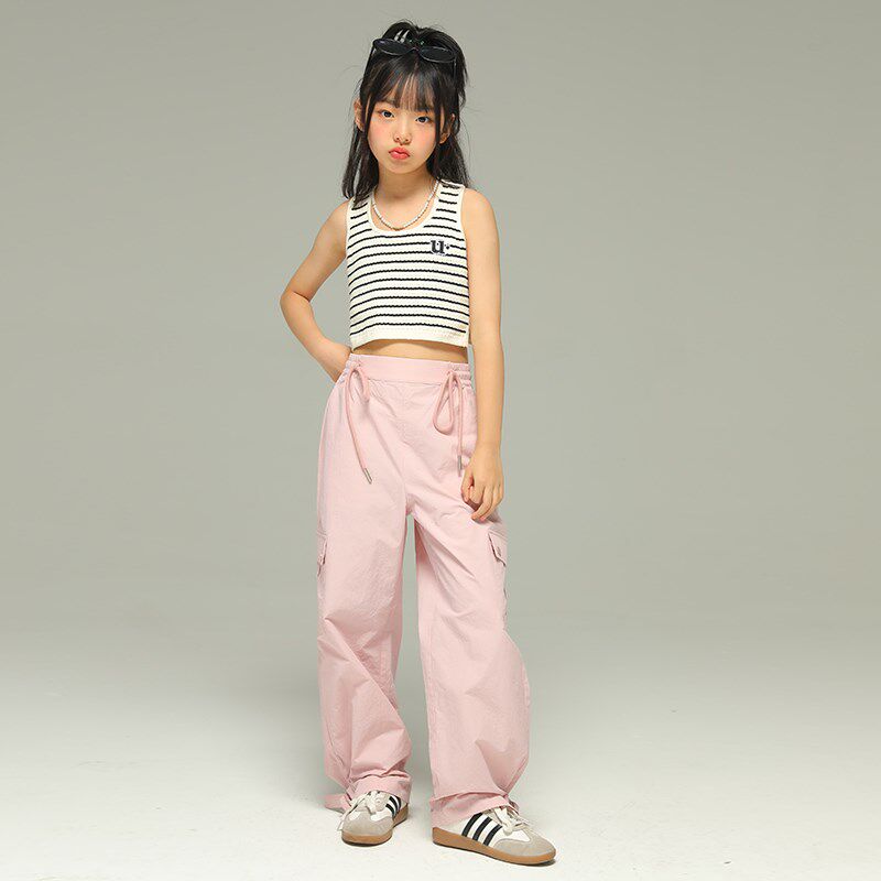 小女森女童夏季裤子儿童薄款时尚粉色工装裤中大童外穿休闲阔腿裤