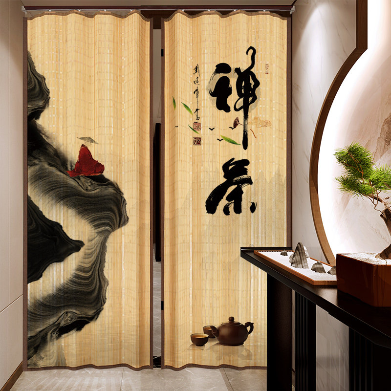 竹门帘家用吊轨移门简易落地推拉门贴隔断隐形门窗帘日式客厅阳台