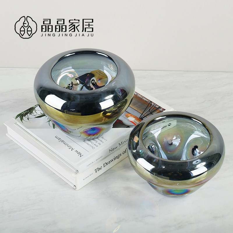 简约复古怀旧电镀银灰色玻璃插绣球花瓶酒窝凹凸小号茶几桌面摆件