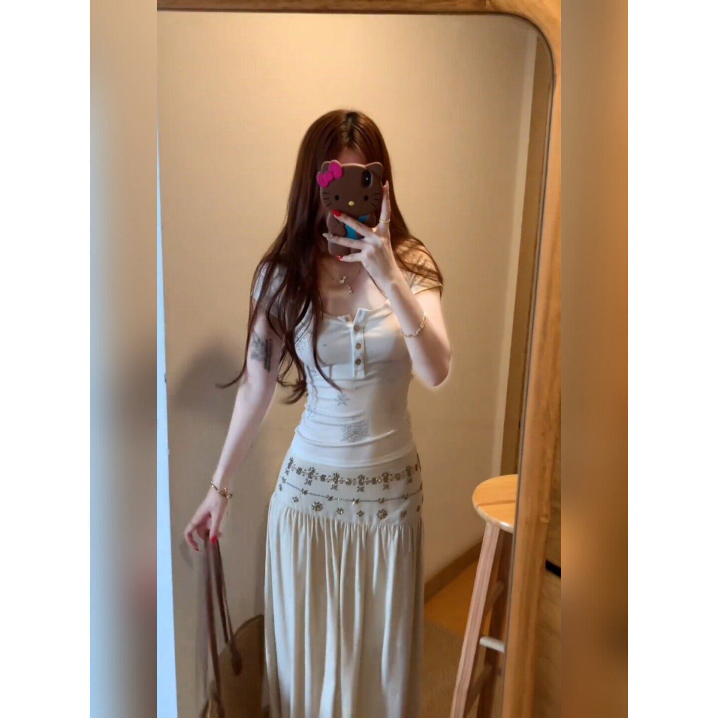 纯欲辣妹套装女夏季巨好看度假绝美烫钻短袖T恤半身长裙子两件套