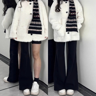 胖mm高腰显瘦弹力喇叭裤 大码 子 女2026秋新款 黑色加绒微喇牛仔裤