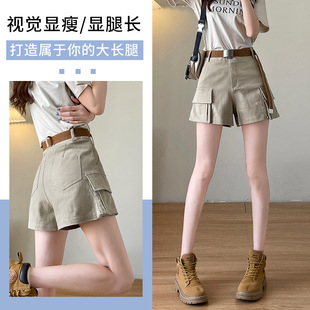 卡其色牛仔短裤女美式工装阔腿裤夏季薄款休闲高腰宽松直筒中长款