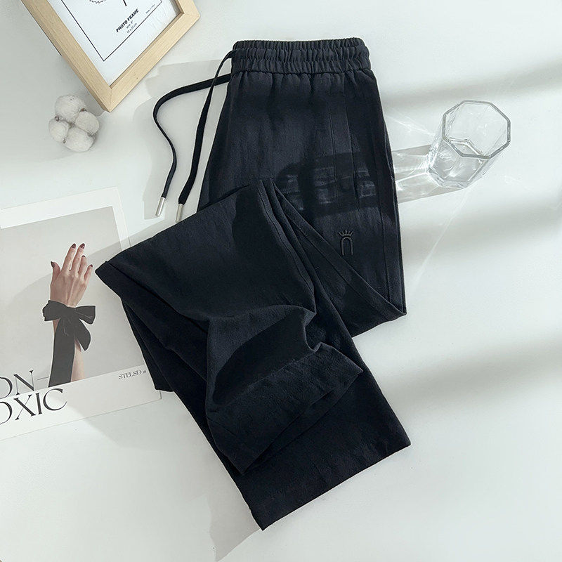 高端草绿纯棉运动裤女高腰直筒裤宽松裤2025年夏季薄款休闲裤透气