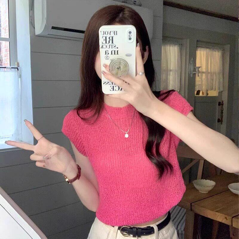 冰丝针织衫短袖t恤女装夏季2026新款高级感黑色法式镂空短款上衣