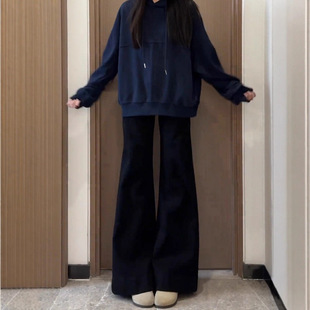 子 胖mm高腰显瘦遮胯弹力喇叭裤 黑色加绒加厚微喇牛仔裤 女秋大码