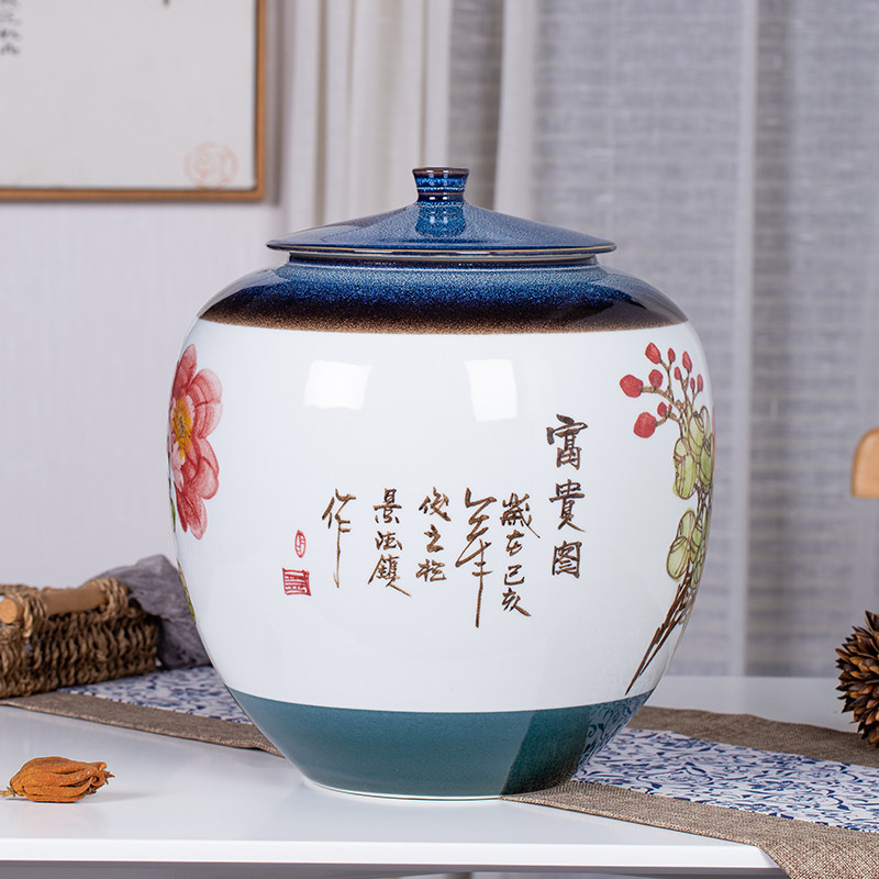 陶瓷米缸带盖家用水缸茶叶罐25斤50斤装防潮防虫景德镇手绘储物桶
