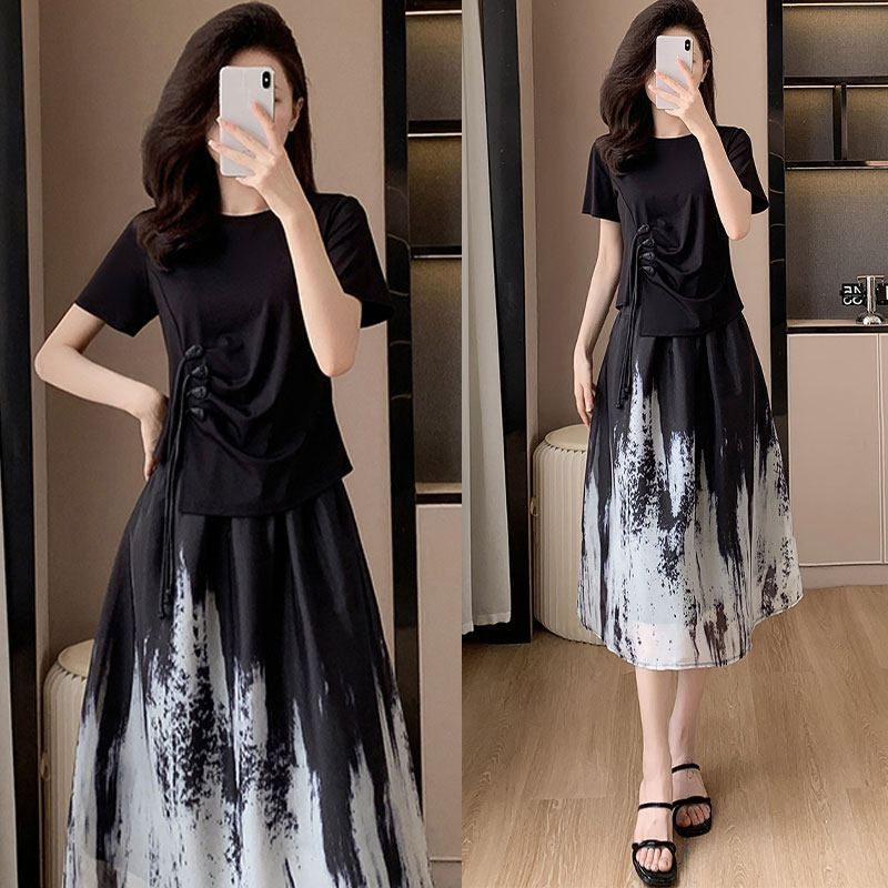 大码女装夏季新款时尚休闲套装裙子胖MM新国风宽松T恤两件套女潮