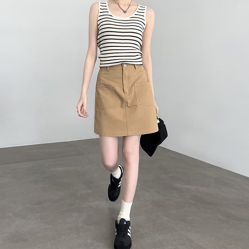 卡其色工装短裙女2024新款夏季高腰a字复古休闲小个子短款半身裙