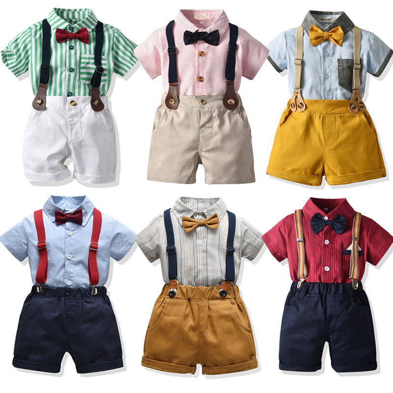 2021夏季新款男童装套装男宝宝婚礼服花童领结短袖衬衫条纹背带裤