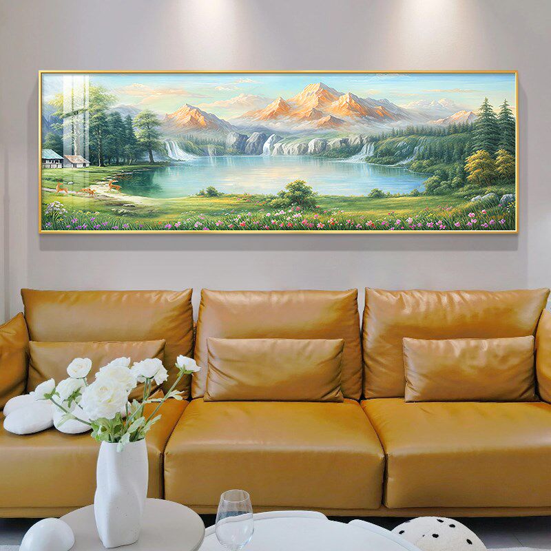 客厅装饰画金山聚宝盆山水画沙发背景墙挂画纯手绘油画高级感壁画